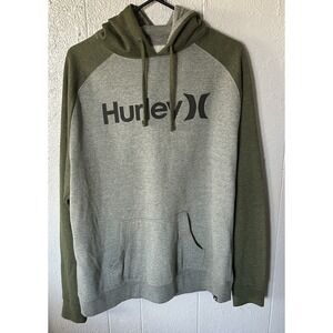 Men's Hurley Classic Fit Hooded Sweatshirt Size L Gray Green Logo Comfy Casual